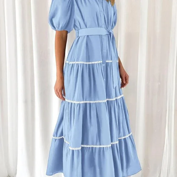 Women's Summer Button Down Maxi Dress Puff Sleeves Tiered Ruffle Flow - Picture 6 of 6